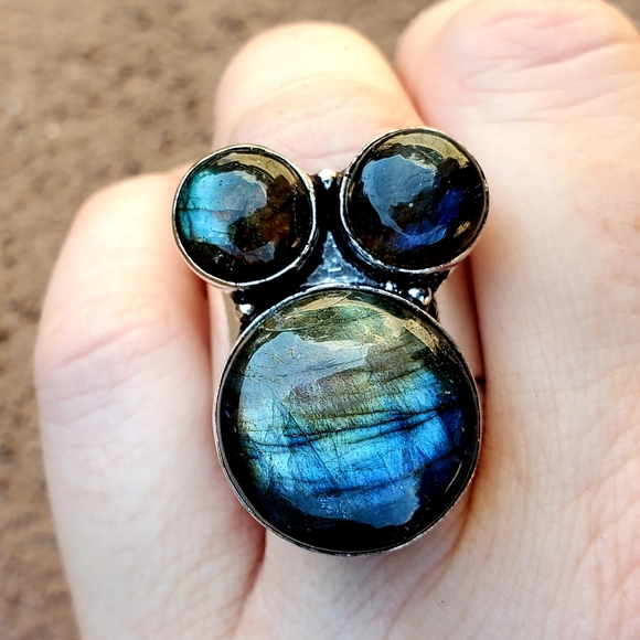 New Triple Labradorite 925 Silver Statement Ring. - Picture 7 of 15